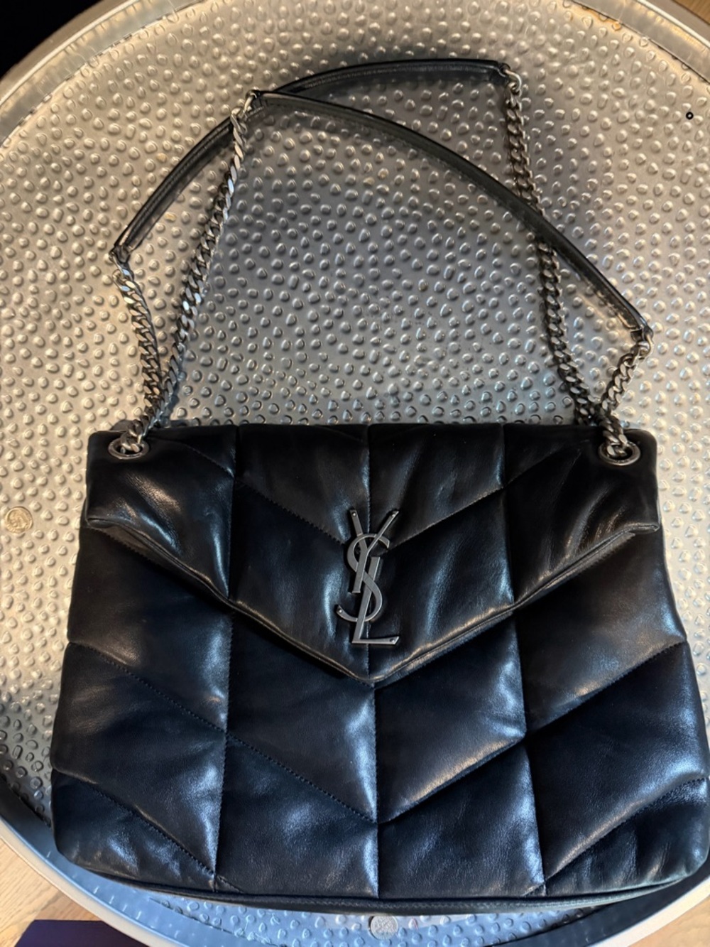 Saint Laurent, YSL, Black Quilted Leather Shoulder Bag with Silver Hardware.